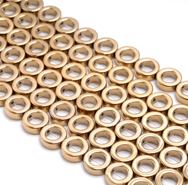 8MM GOLD HEMATITE GEMSTONE RIM HOLLOW CIRCLE LOOSE BEADS 16" - Bild 1 von 4