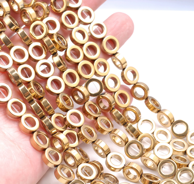 8MM GOLD HEMATITE GEMSTONE RIM HOLLOW CIRCLE LOOSE BEADS 16" - Bild 2 von 4