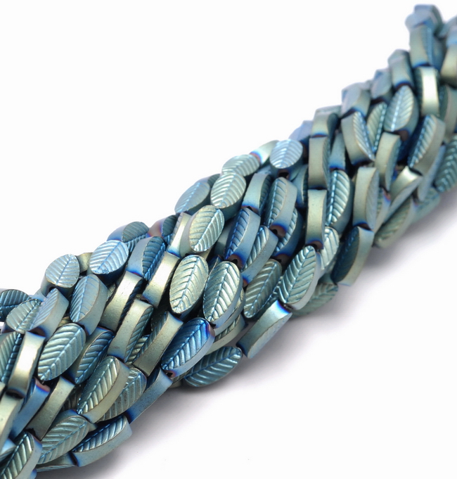 8X4MM MATTE BLUE HEMATITE GEMSTONE PINNATE LEAF LOOSE BEADS 16/"