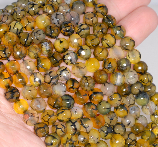 8MM YELLOW BROWN DRAGON VEIN AGATE GEMSTONE FACETED ROUND LOOSE BEADS 14.5/"