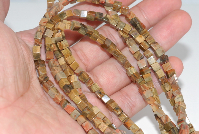 4MM YELLOW RED SILVER LEAF JASPER GEMSTONE SQUARE CUBE LOOSE BEADS 15/"