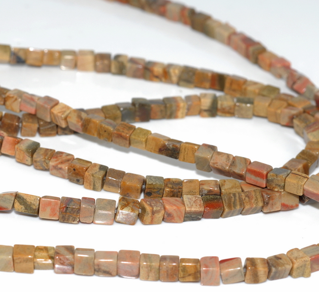 4MM YELLOW RED SILVER LEAF JASPER GEMSTONE SQUARE CUBE LOOSE BEADS 15/"