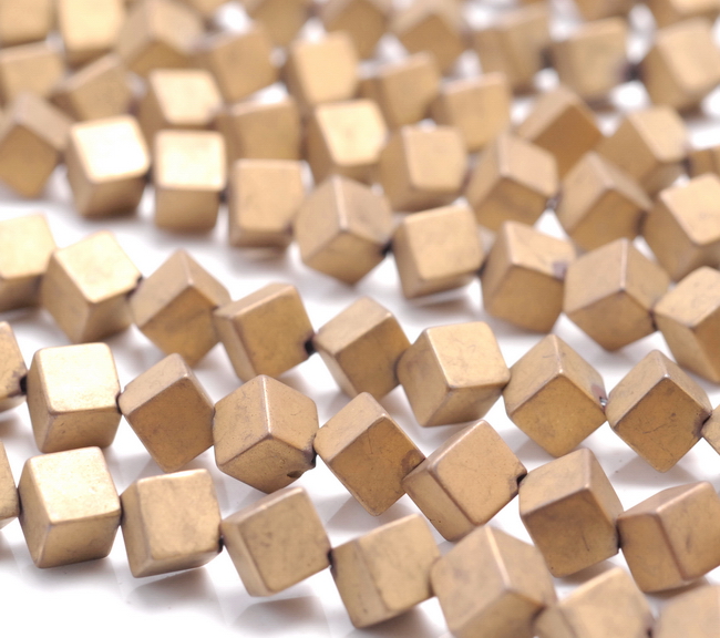 6MM MATTE GOLD HEMATITE GEMSTONE DIAGONAL-DRILL SQUARE CUBE LOOSE BEADS 16"