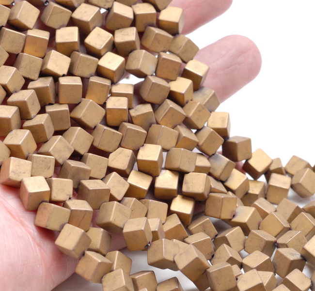 6MM MATTE GOLD HEMATITE GEMSTONE DIAGONAL-DRILL SQUARE CUBE LOOSE BEADS 16"